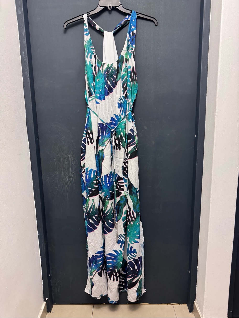 City Chic Halter Tropical Leaf Maxi Dress in Green & Blue